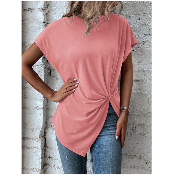 Twist Detail Pink Tee Shirt Short Sleeve Round Neck - Picture 2 of 12
